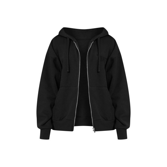 PRETTYLITTLETHING  Black Premium Embroidered Zip Front Oversized Hoodie