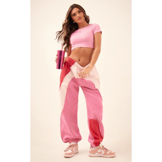 Baby Pink Color Block Sweat Cuffed Oversized Sweatpants