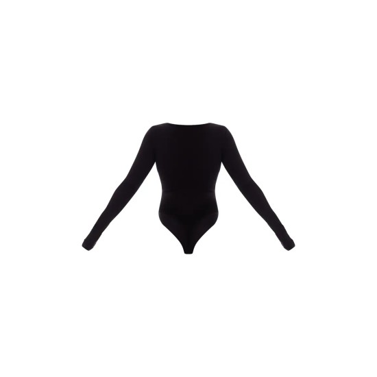 Basic Black Cotton Blend Plunge Long Sleeve Bodysuit